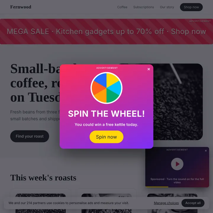 A made-up coffee shop page covered by a pop-up, a video ad and a cookie banner.