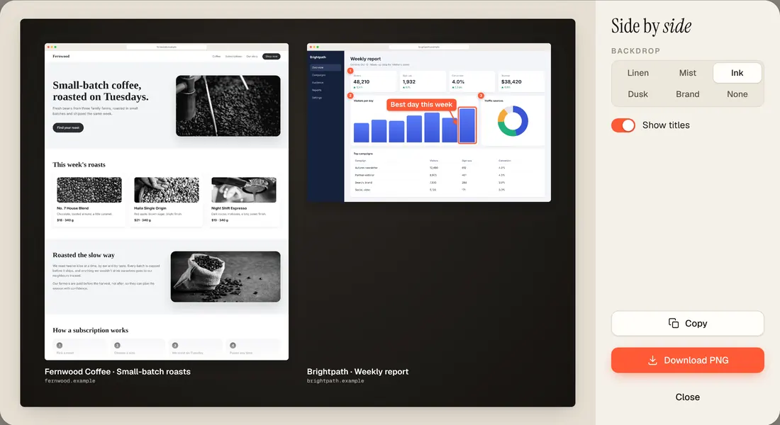 Two captures, a shop page and a dashboard, side by side on one image.
