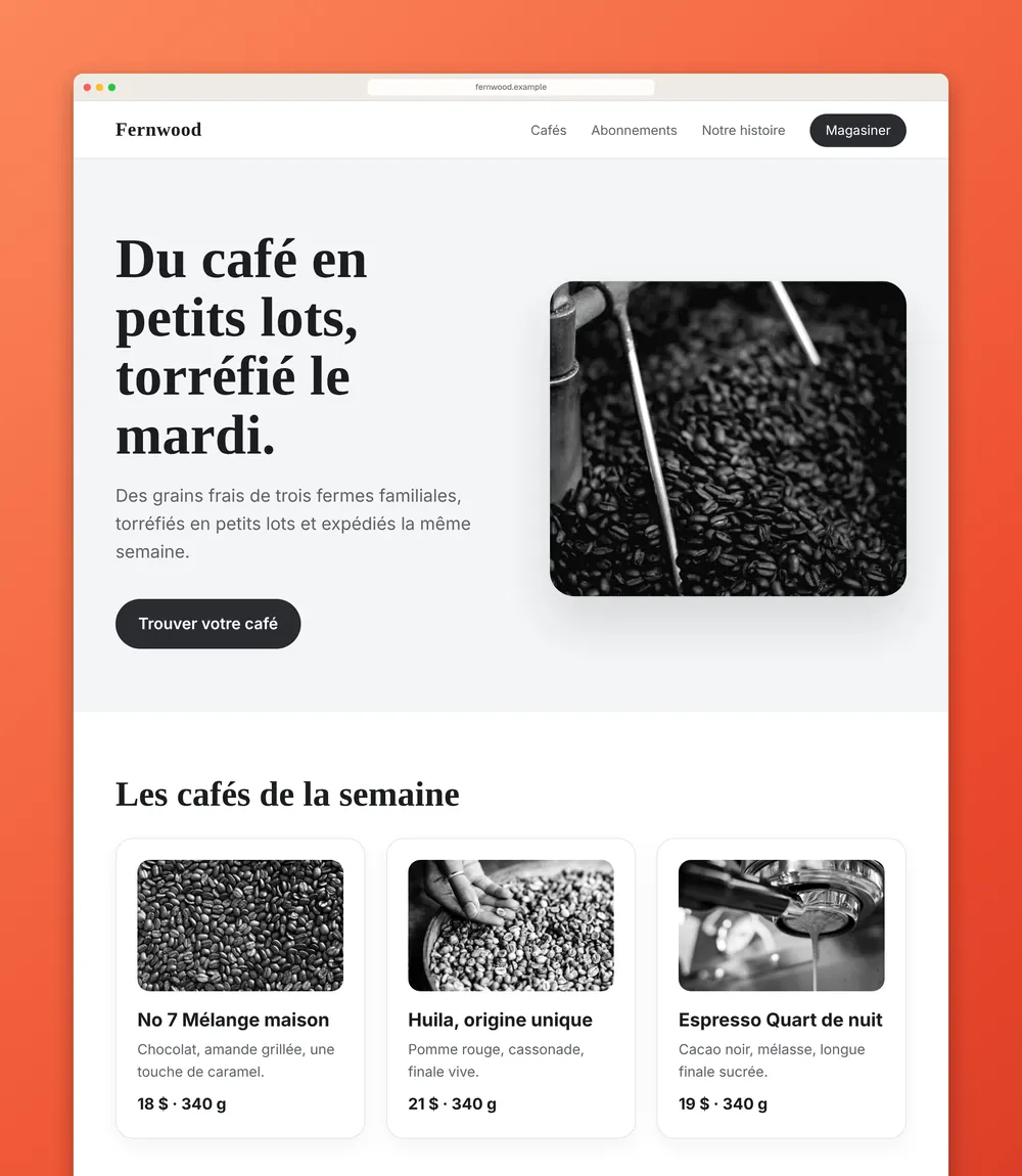 La même page capturée par Vitrine de haut en bas, sans la fenêtre surgissante ni les publicités, encadrée sur l’arrière-plan Vermillon.