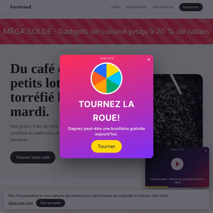 Une page de café inventée, couverte par une fenêtre surgissante, une publicité vidéo et un bandeau de témoins.