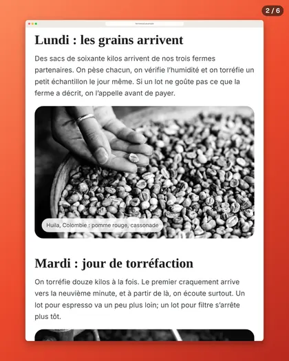 Diapositive 2 sur 5 du carrousel, coupée entre deux blocs de texte.